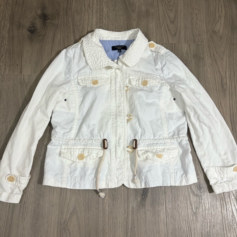 Talbots Linen Blend Utility Jacket Sz 10P Lined White Blue Preppy Nautical